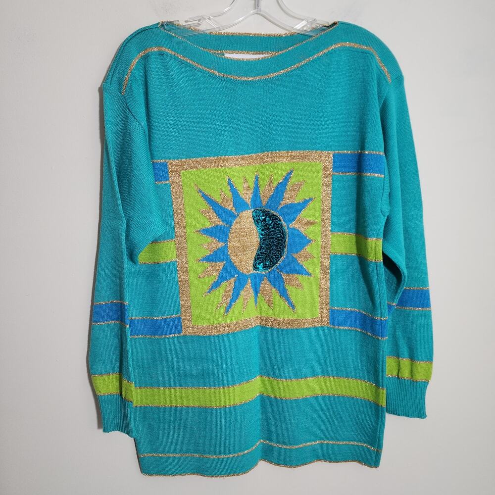 Vintage Chelsea celestial‎ sun pattern sequin metallic striped sweater woman S